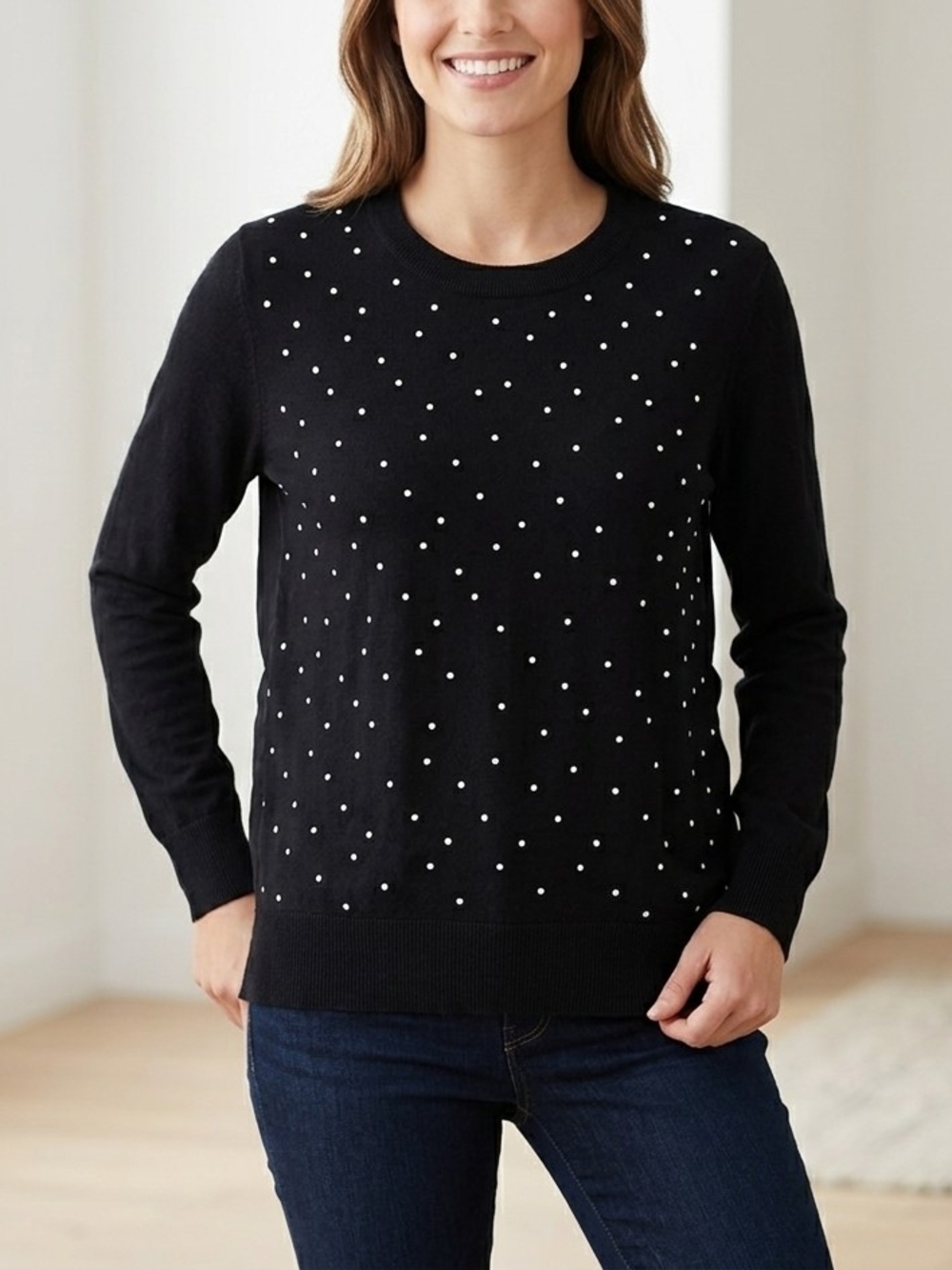 DKNY Polka Dot Pearl Embellished Layered Sweater Size Medium Black Business